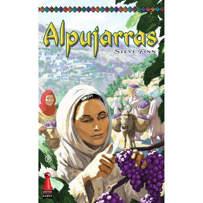 Alpujarras board game cover: Woman in headscarf harvests purple grapes, village, mountains, and donkey in background