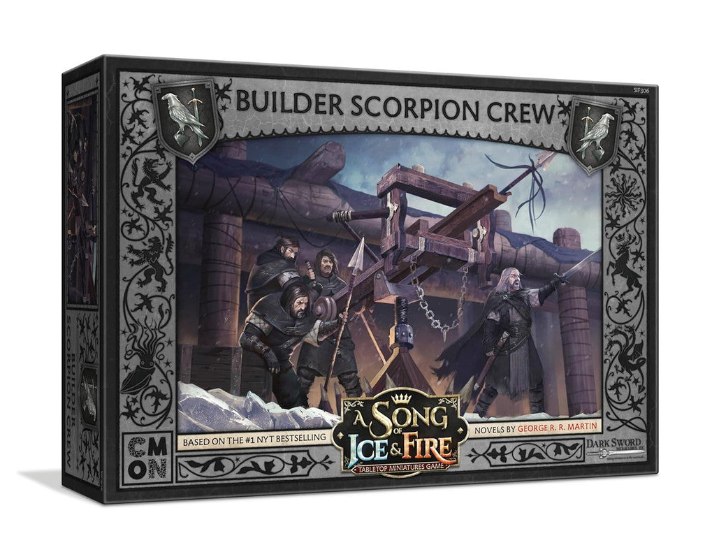 A Song of Ice & Fire: Night's Watch Builder Scorpion Crew game box, showing men with a large wooden scorpion siege weapon