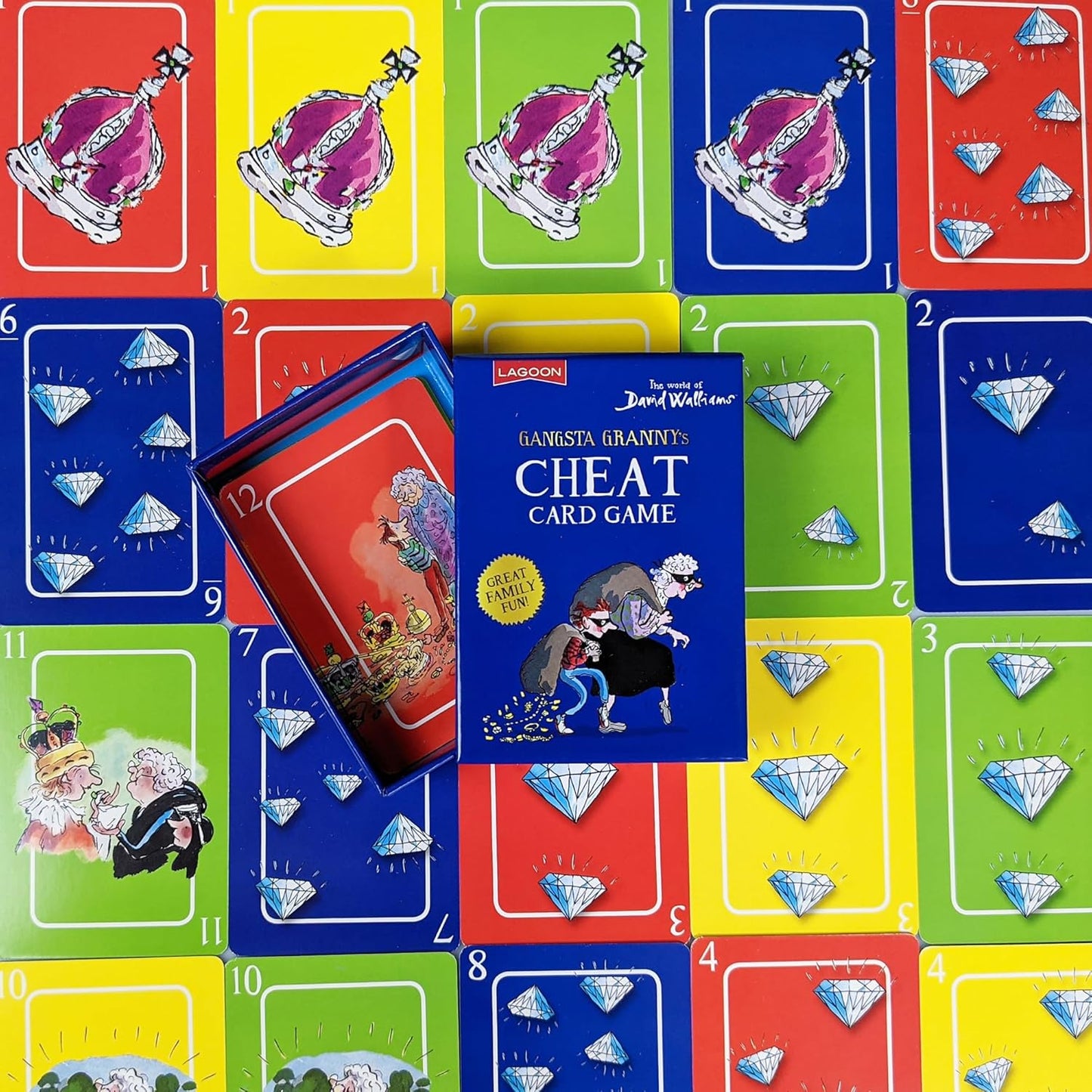 Gangsta Granny's Cheat Card Game box displayed among colourful playing cards featuring diamonds and crowns