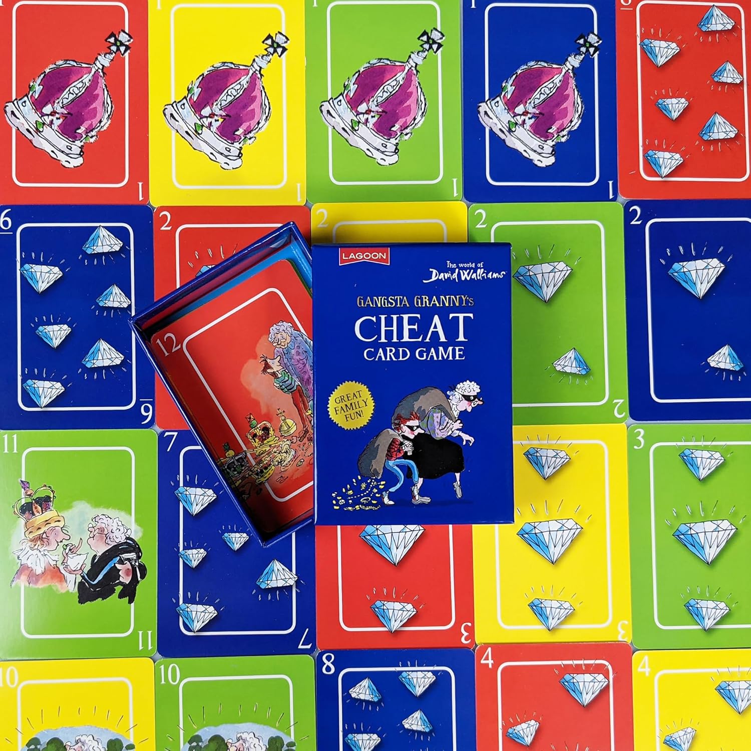 Gangsta Granny's Cheat Card Game box displayed among colourful playing cards featuring diamonds and crowns
