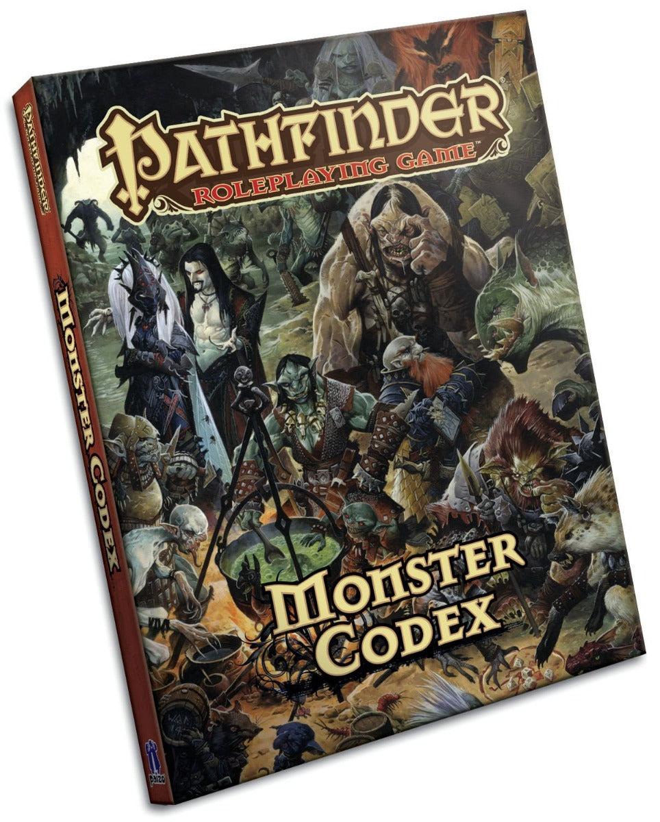 A large group of fantasy monsters, including orcs, ogres, and a vampire, gather around a cauldron