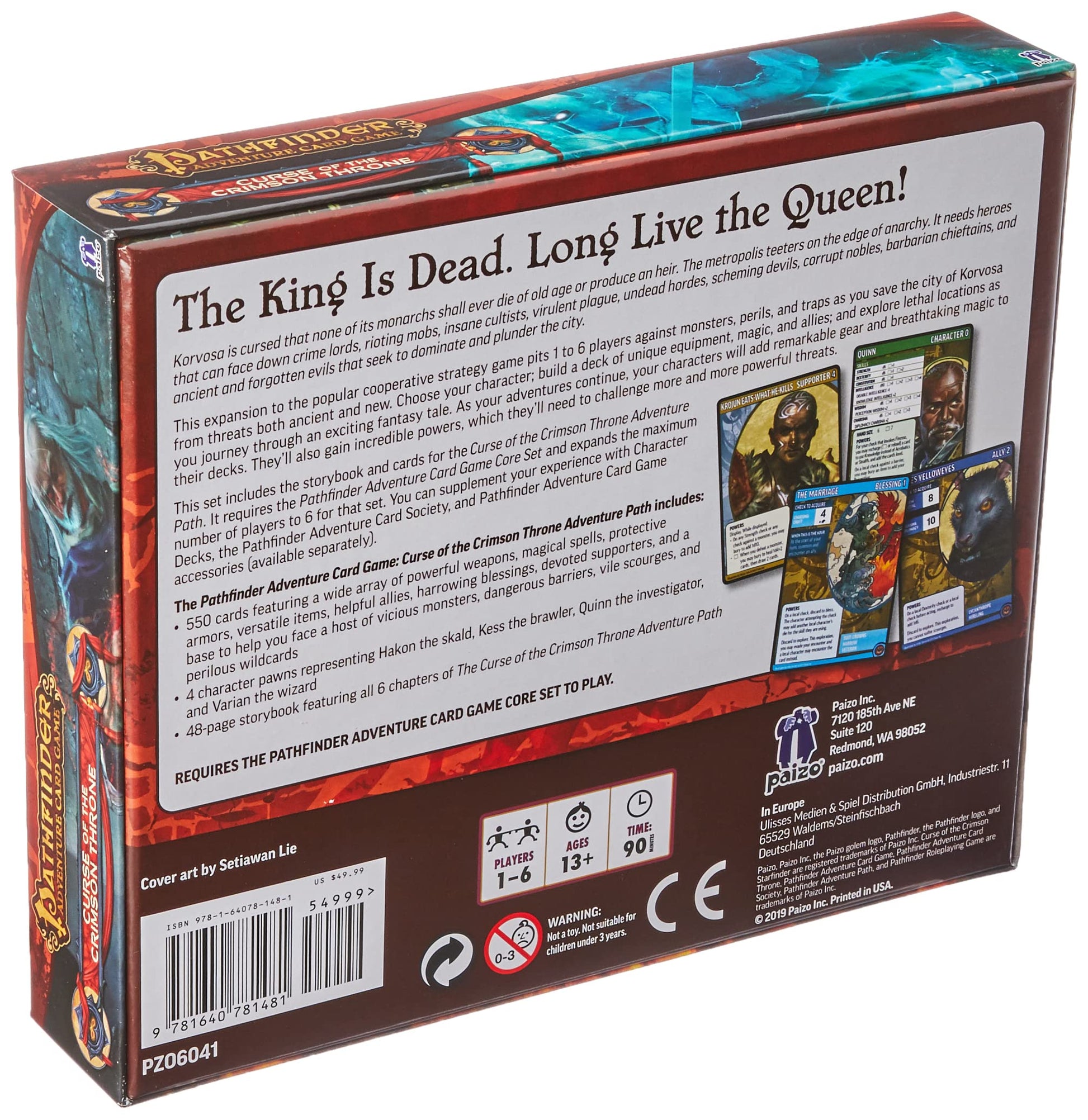 Back of a brown and red Pathfinder Adventure Card Game: Curse of the Crimson Throne box, showing game description and fantasy character cards