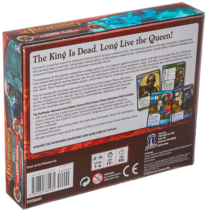 Back of a brown and red Pathfinder Adventure Card Game: Curse of the Crimson Throne box, showing game description and fantasy character cards