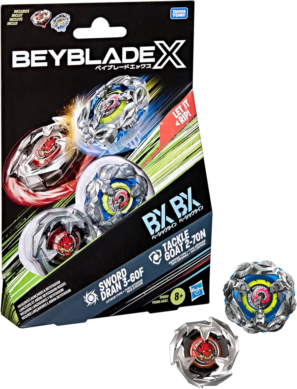 Beyblade X spinning battle tops two-pack packaging (Sword Dran & Tackle Goat) with two tops displayed outside