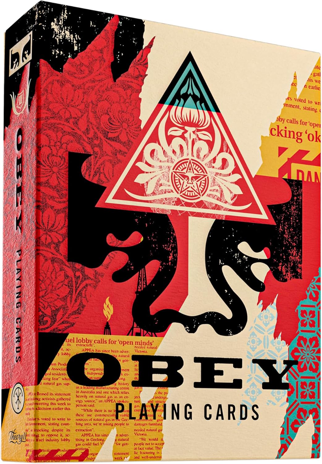 OBEY Playing Cards box. Collage art featuring the OBEY logo inside a red pyramid over black graphics and newspaper text