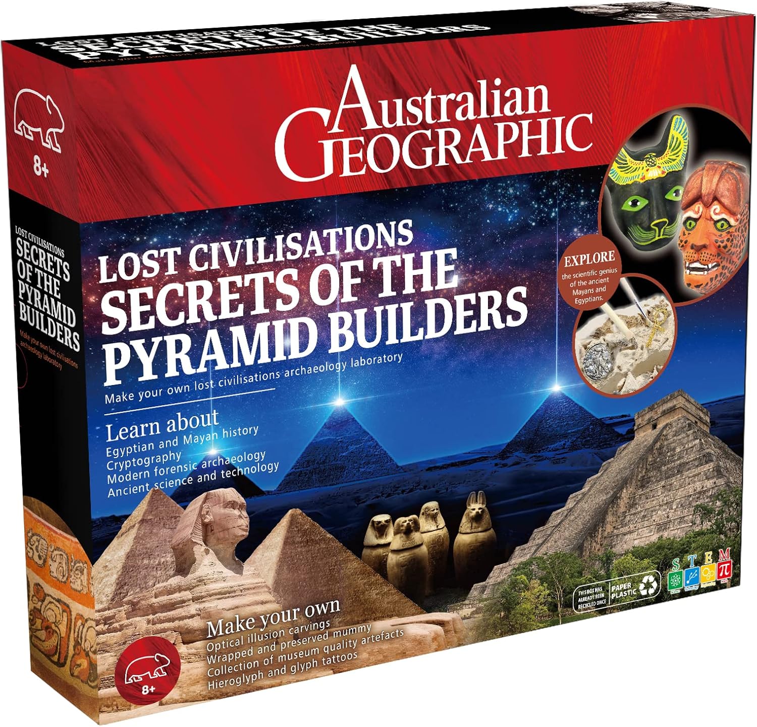 Box for Australian Geographic "Secrets of the Pyramid Builders" archaeology kit, showing Egyptian and Mayan pyramids and relics