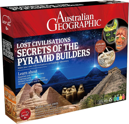 Box for Australian Geographic "Secrets of the Pyramid Builders" archaeology kit, showing Egyptian and Mayan pyramids and relics