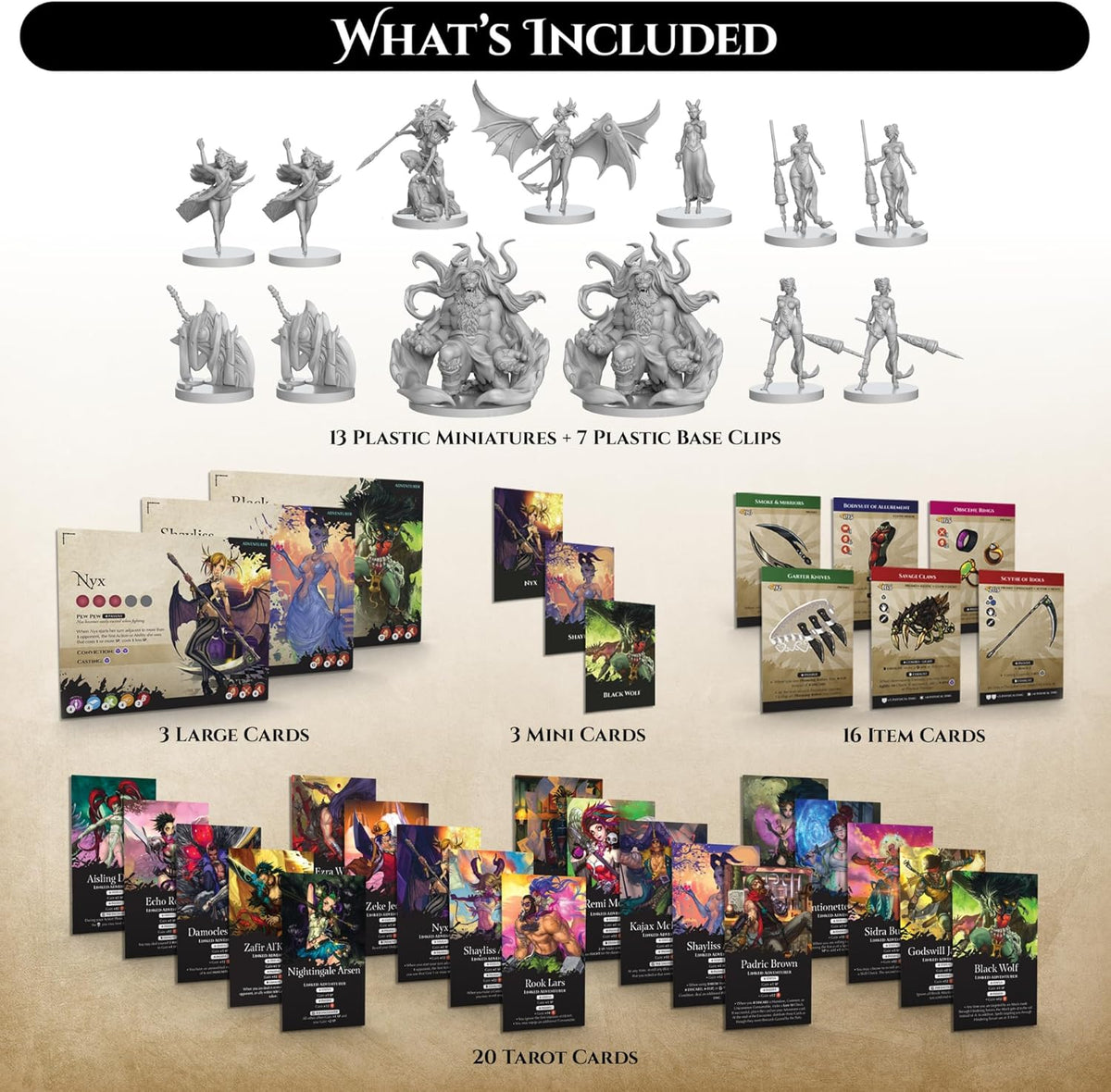 A collection of board game components: 13 grey miniatures and various sizes of character and item cards.