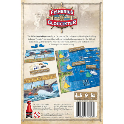 Fisheries of Gloucester board game box back. Features game boards with ships, fish, and gameplay instructions about charting course and catching fish