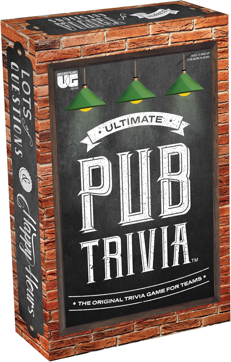 Ultimate Pub Trivia game box. Chalkboard design with white text, hanging green lamps and brick sides