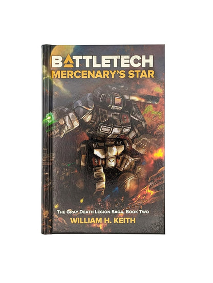 BattleTech: Mercenary's Star book cover: A large grey mech fires a green laser amidst fiery explosions