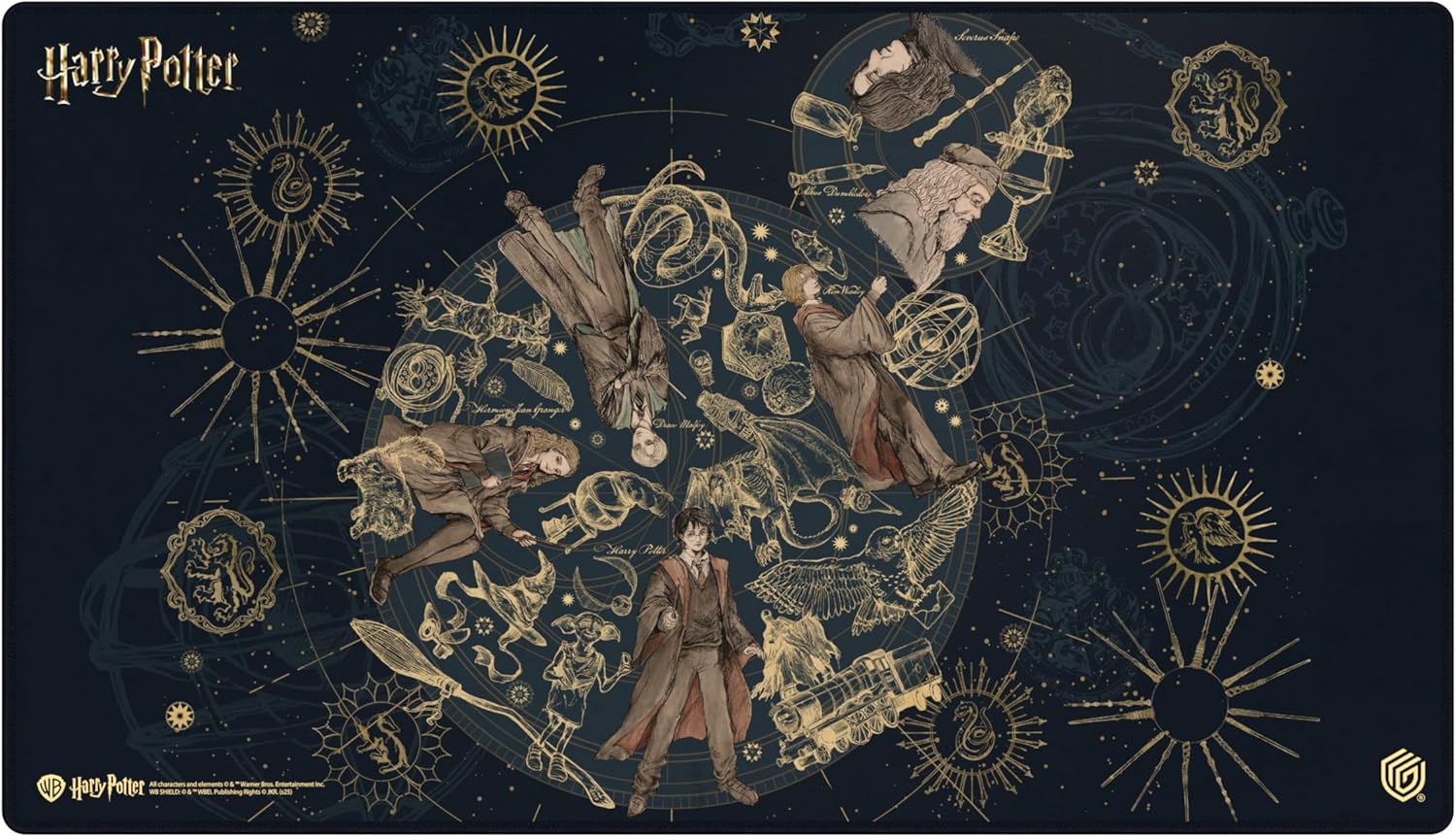 Gold constellation-style illustration of Harry Potter, Hermione, Ron, and other characters surrounded by magical symbols