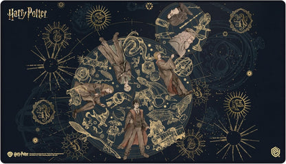 Gold constellation-style illustration of Harry Potter, Hermione, Ron, and other characters surrounded by magical symbols