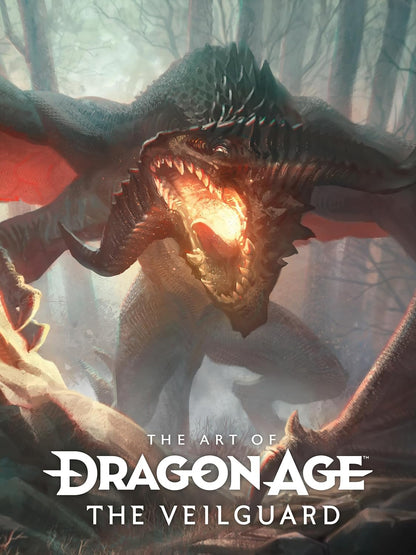 Roaring dark dragon breathing glowing fire in a misty forest, Text: "The Art of Dragon Age: The Veilguard"