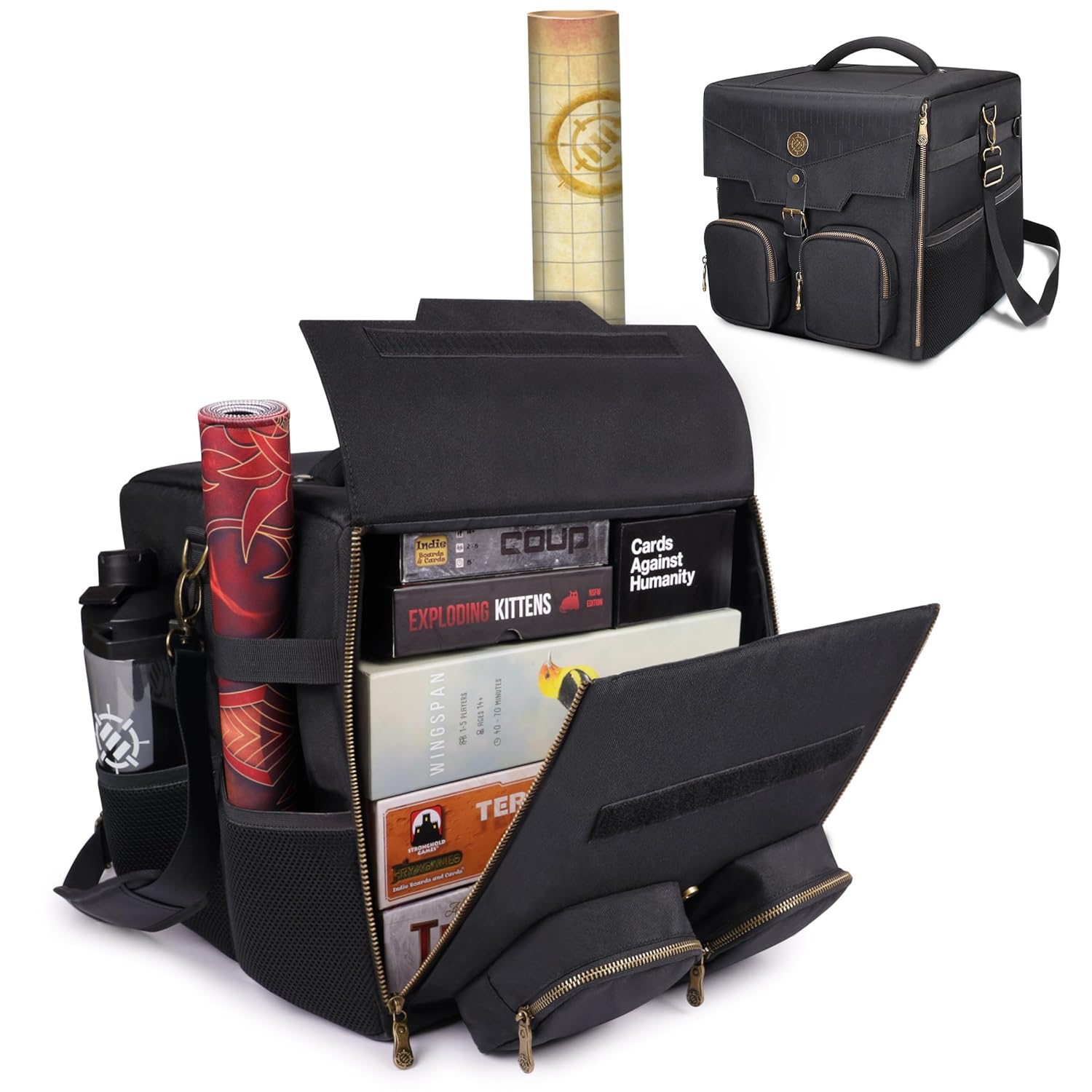 Black tabletop game bag, open and filled with games (Exploding Kittens, Wingspan), mats, and a bottle. A closed bag is shown alongside.