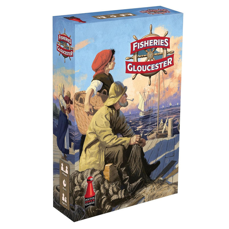 Board game box, "Fisheries of Gloucester." Cover shows a fisherman mending nets and a woman with a basket on a dock