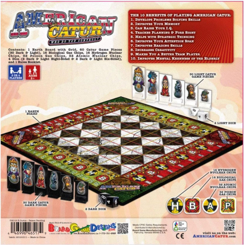 American Catur board game with pieces and dice listing benefits and contents