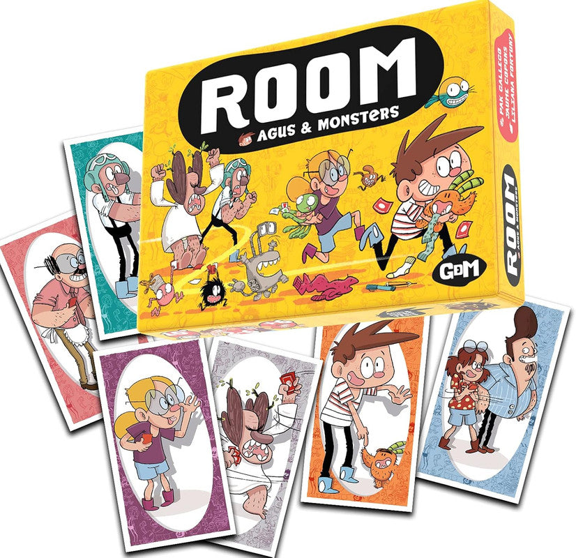 Yellow board game box with ROOM AGUS MONSTERS title illustrated with playful cartoon monsters and characters and surrounded by multiple character cards