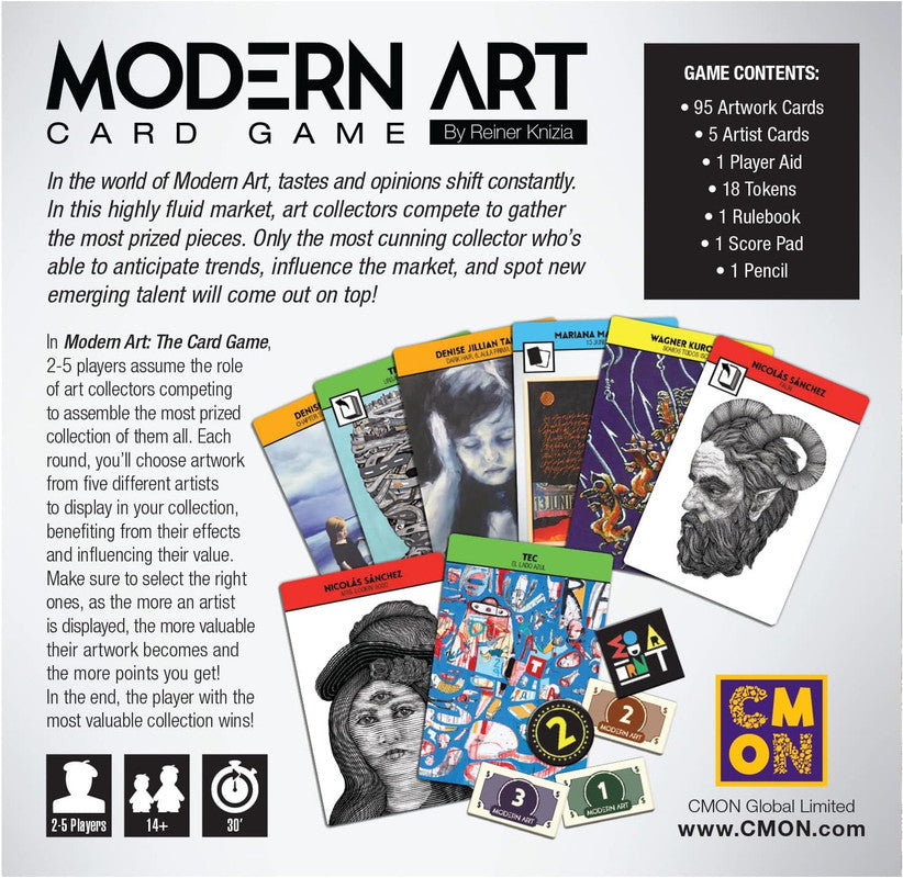 Card Game box with game contents and cards showing collectible artwork and player information for 2-5 players