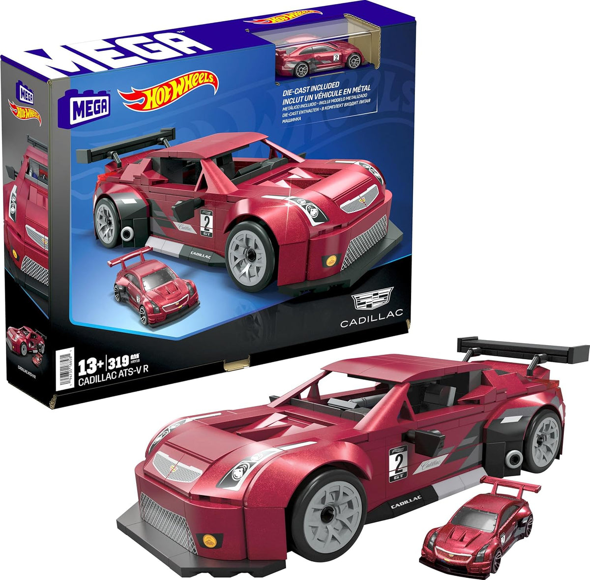 Red Mega Hot Wheels Cadillac ATS-V R set, including a large brick-built race car and a small die-cast model, beside the box.