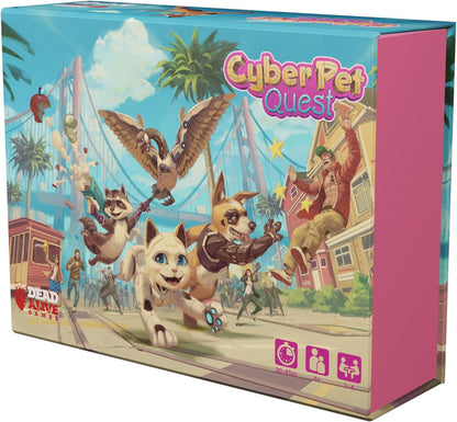 Cyber Pet Quest board game box art: Cybernetic cat, dog, and raccoon running with people in a busy city