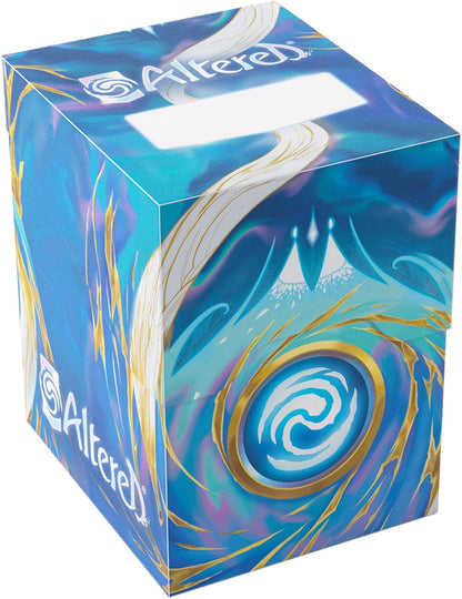 Altered TCG deck box, blue/teal swirl design with white logo and gold highlights