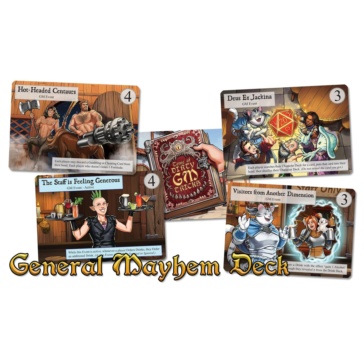 Fantasy game cards and a &quot;Tome of Dirty GM Tricks&quot; book displayed, labeled &quot;General Mayhem Deck.&quot;