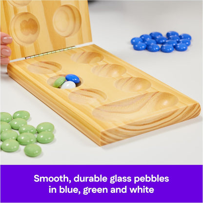 Wooden Mancala board game with colorful blue, green, and white glass pebbles