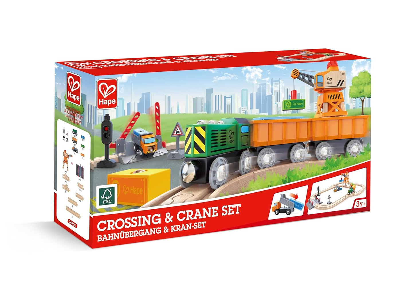 Hape Crossing & Crane Set: Wooden train engine pulls cargo past a crane and railroad crossing