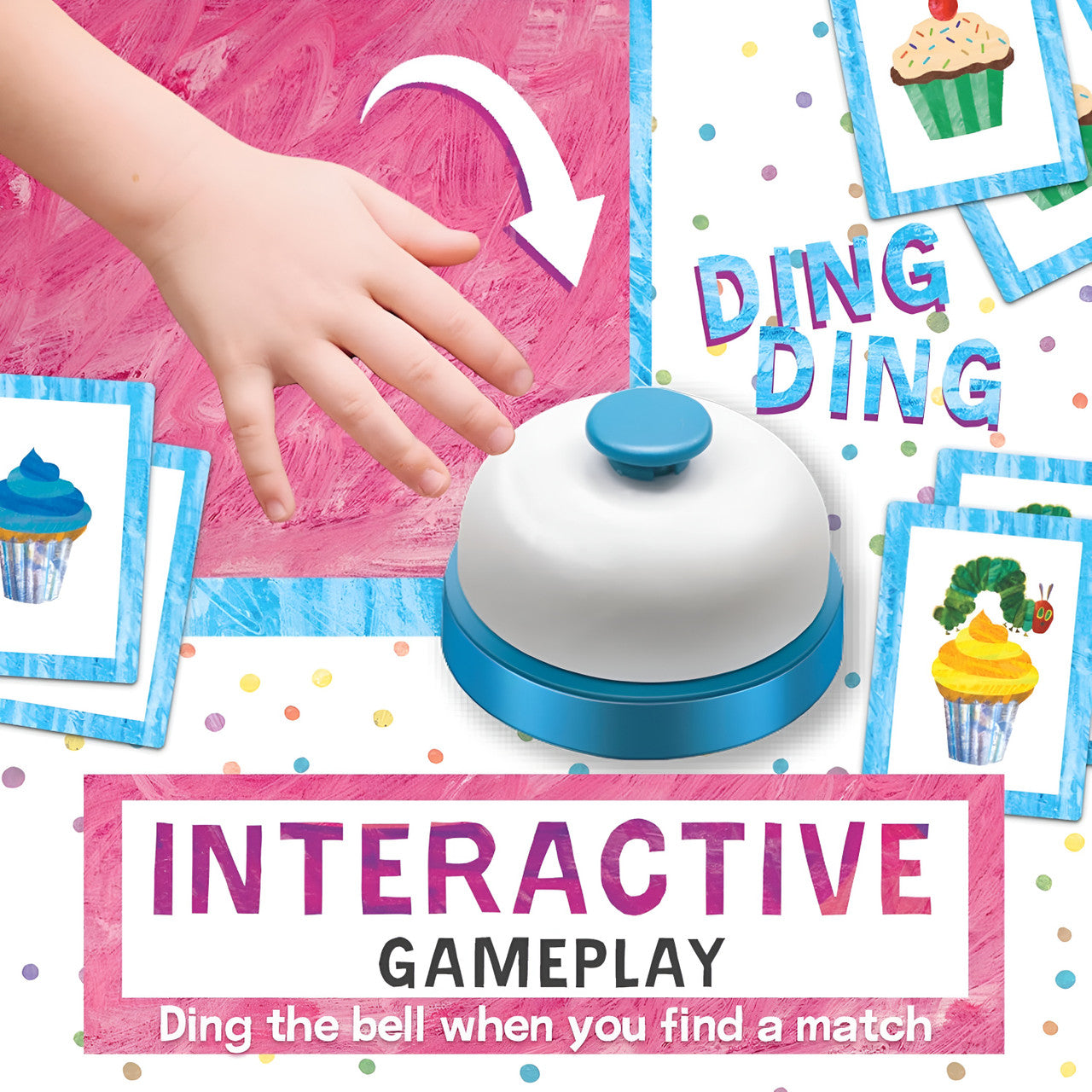 Child's hand rings a blue and white bell, surrounded by colorful cupcake matching game cards