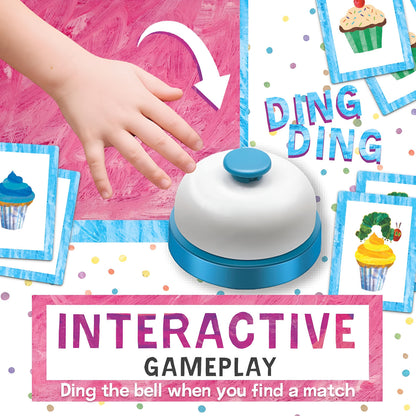Child's hand rings a blue and white bell, surrounded by colorful cupcake matching game cards