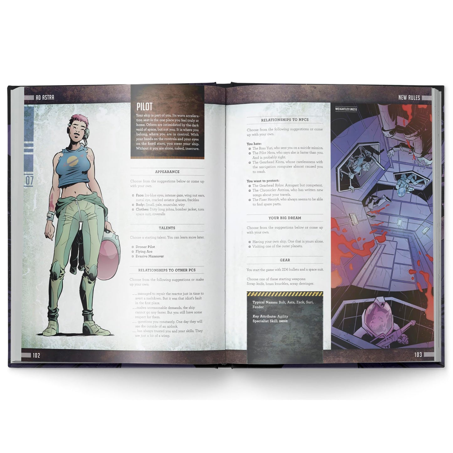 An open sci-fi RPG book: stylized female pilot character on left, zero-gravity futuristic spaceship interior on right