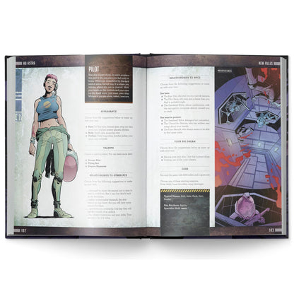 An open sci-fi RPG book: stylized female pilot character on left, zero-gravity futuristic spaceship interior on right