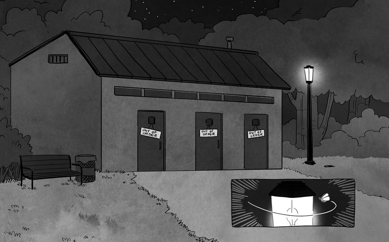 Grayscale image: An "Out of Order" public restroom building at night, a moth is shown circling a lit lamppost