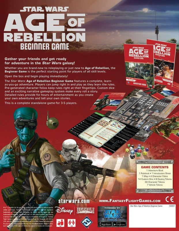 Back of Star Wars: Age of Rebellion Beginner Game box showing a blue alien, firing Stormtrooper, map, dice, and books