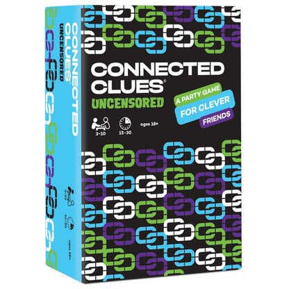 Connected Clues Uncensored party game box. Black with colorful chain-link pattern. For ages 18+, 3-10 players