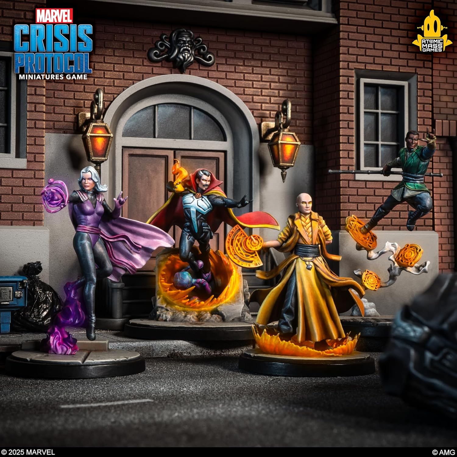 Four dynamic Marvel: Crisis Protocol miniatures, including Doctor Strange and Ancient One, using colorful magic effects