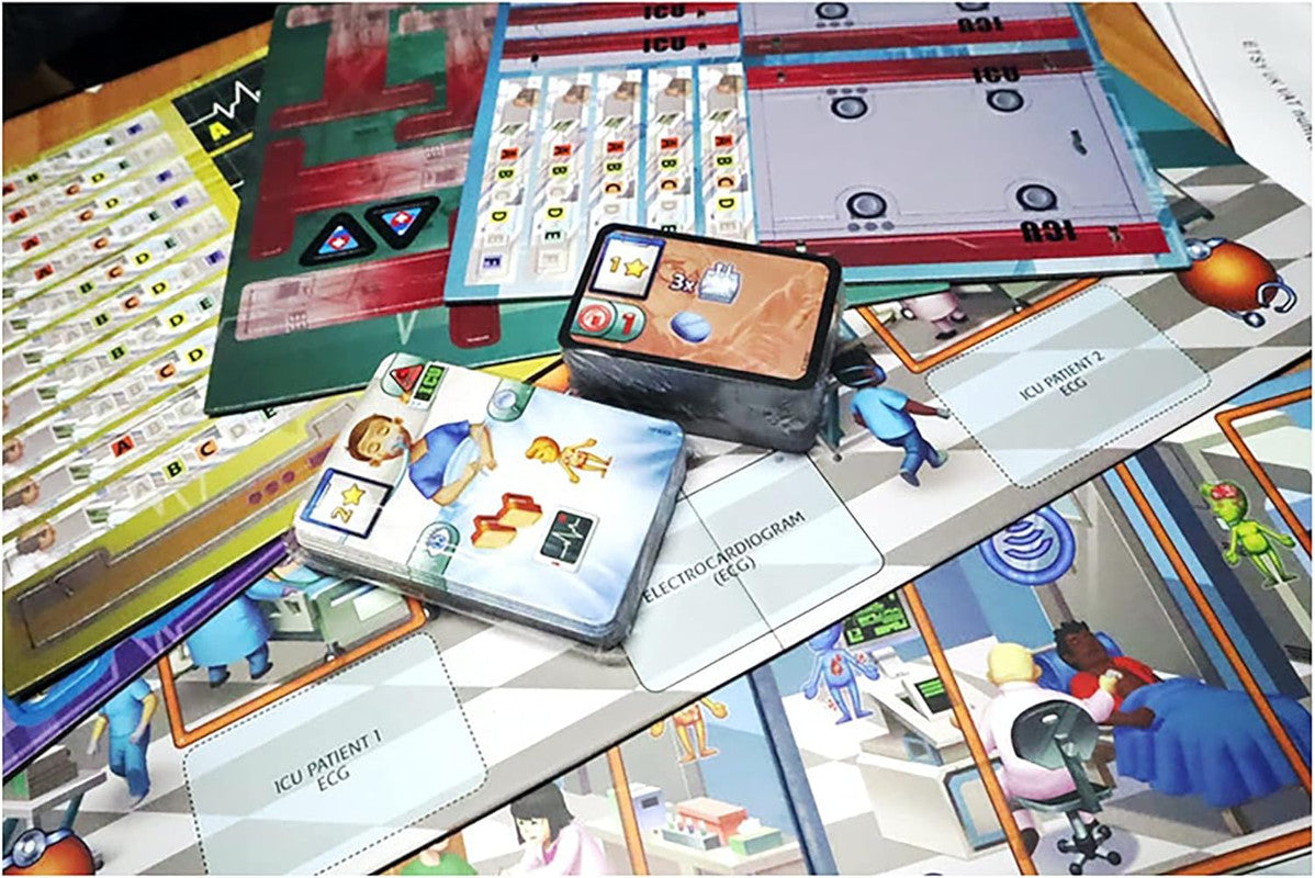 A close-up view of a hospital-themed board game, displaying patient care cards, hospital ward boards, and stacked game card decks
