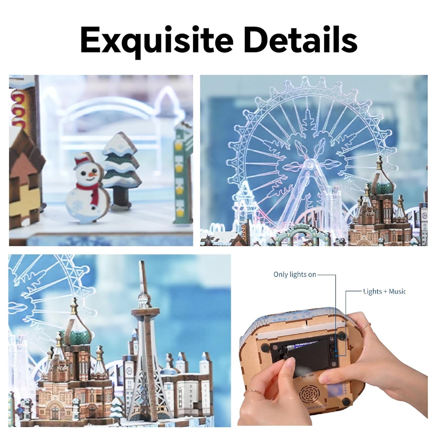 Detailed wooden miniature city model showing light-up Ferris wheel, snowman, landmarks, and hands inserting batteries for music