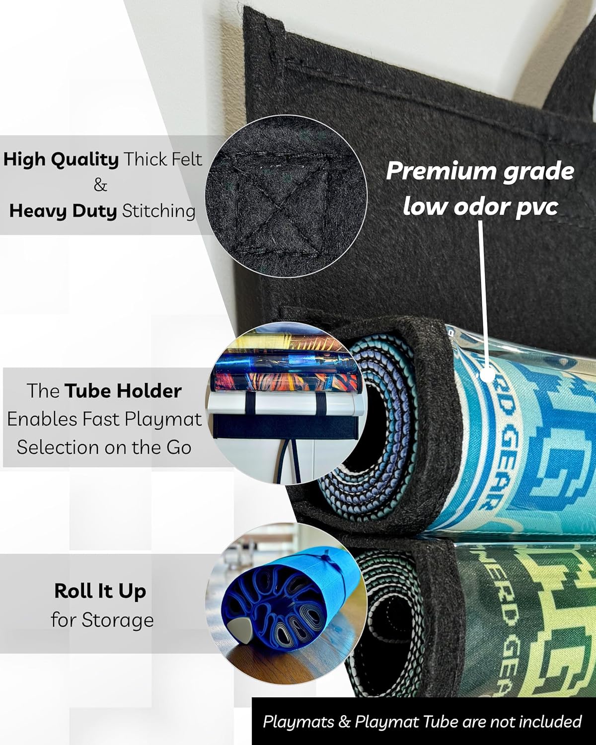 Black felt playmat storage unit, detailing thick felt stitching and holding rolled gaming mats