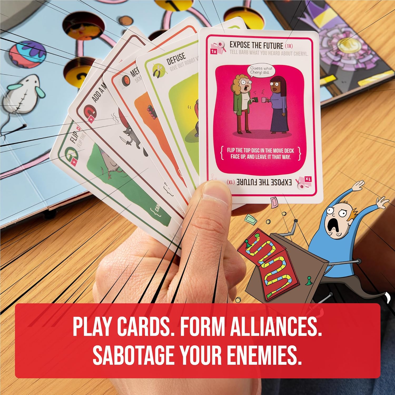 Hand holds "Expose the Future" card and other illustrated game cards over a cartoon-style board game layout