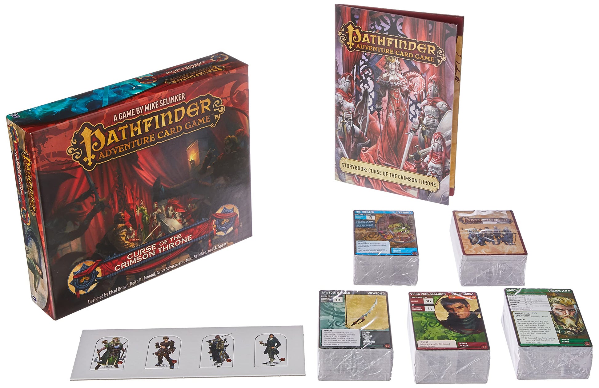 Pathfinder Adventure Card Game: Curse of the Crimson Throne set, with box, open storybook, card decks, and tokens