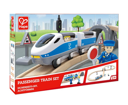 Hape Passenger Train Set box featuring a blue and white train, wooden tracks, tunnel, and conductor figurine