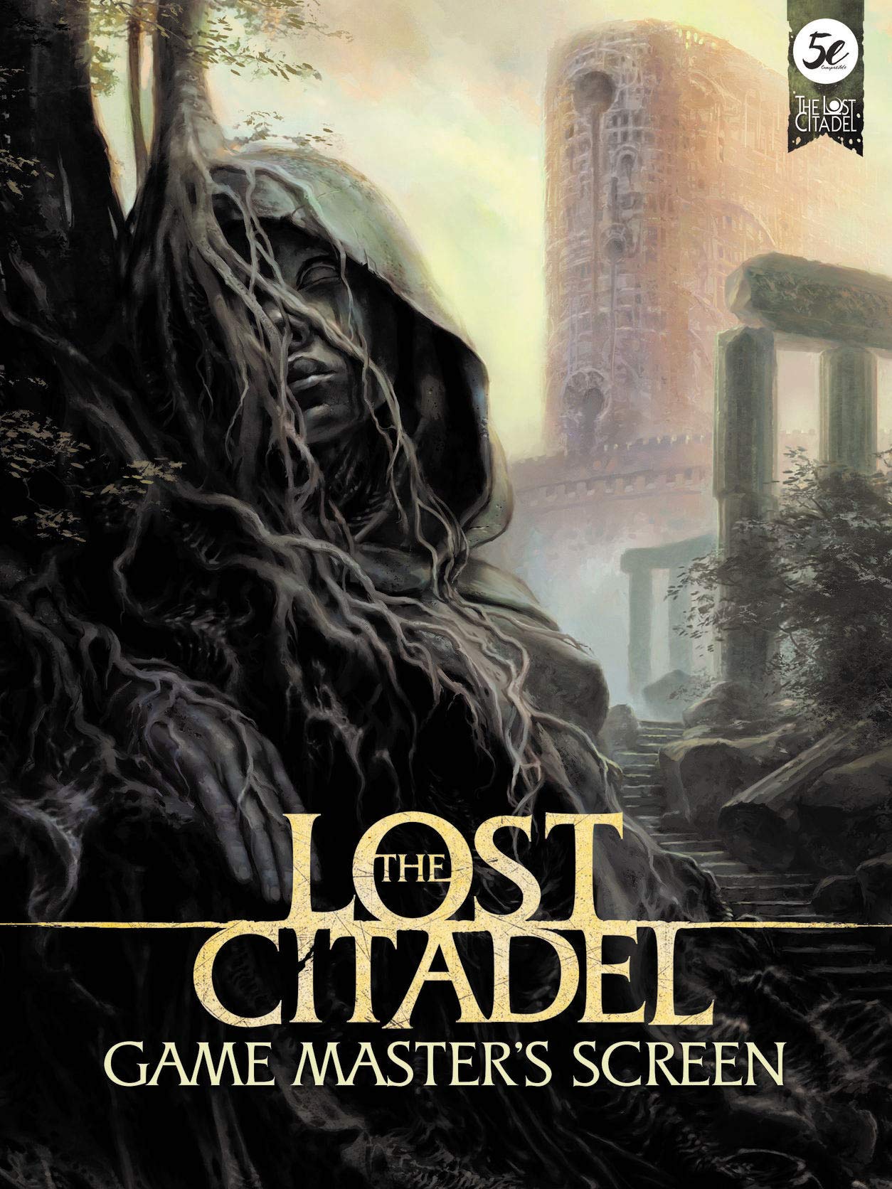 Root-covered hooded figure, ancient ruins & distant citadel. The Lost Citadel Game Master's Screen.