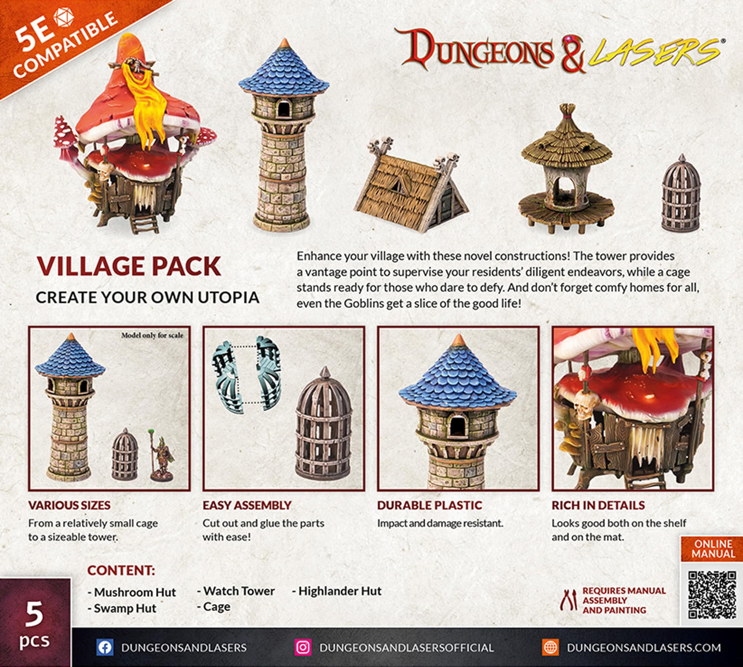 Back cover of Dungeons & Lasers Village Pack: 5E compatible fantasy building miniatures like a mushroom hut and tower