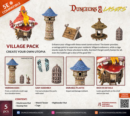 Back cover of Dungeons & Lasers Village Pack: 5E compatible fantasy building miniatures like a mushroom hut and tower