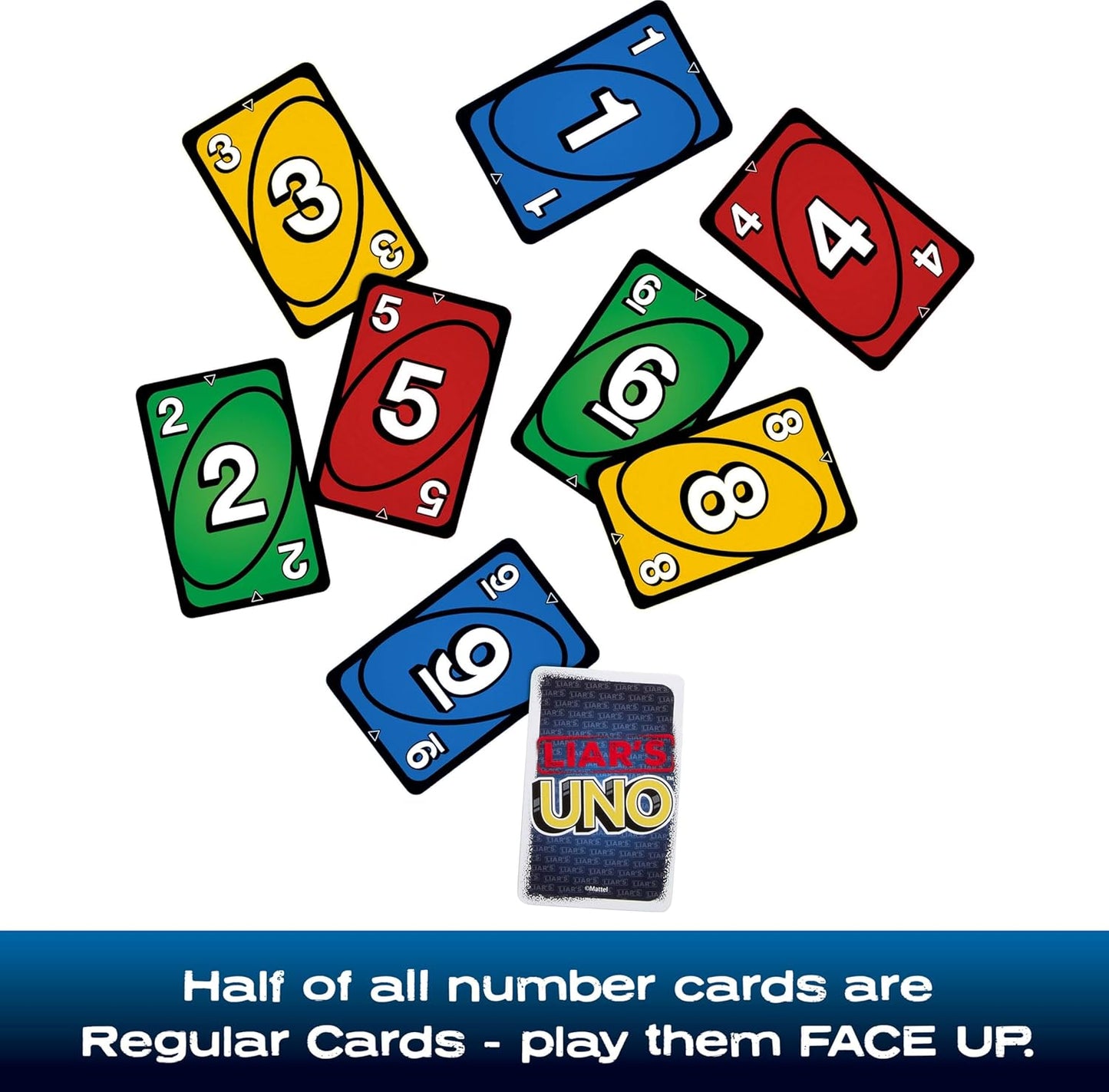 Scattered face-up UNO number cards (red, blue, green, yellow) next to one face-down Liar's UNO card
