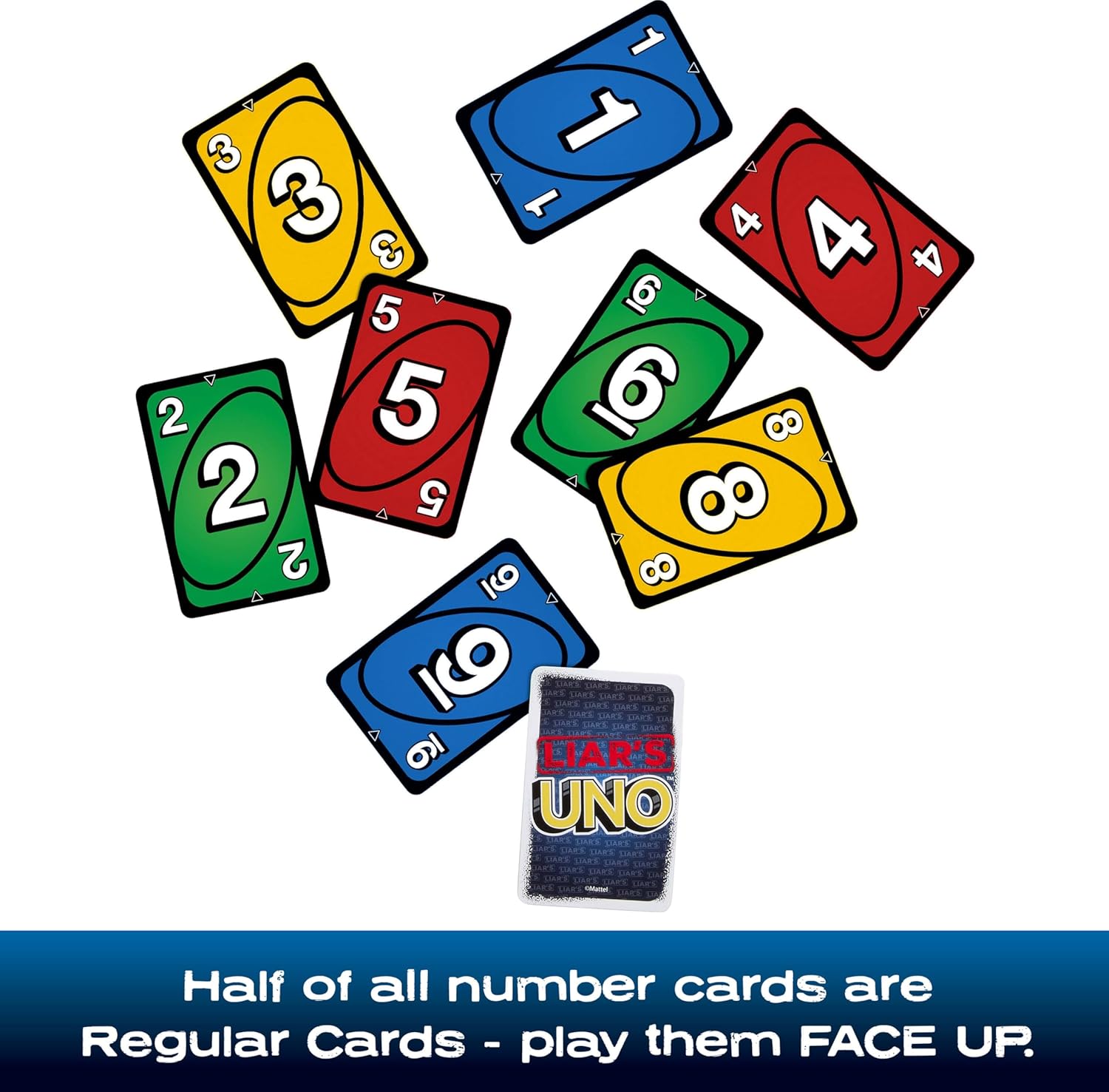 Scattered face-up UNO number cards (red, blue, green, yellow) next to one face-down Liar's UNO card