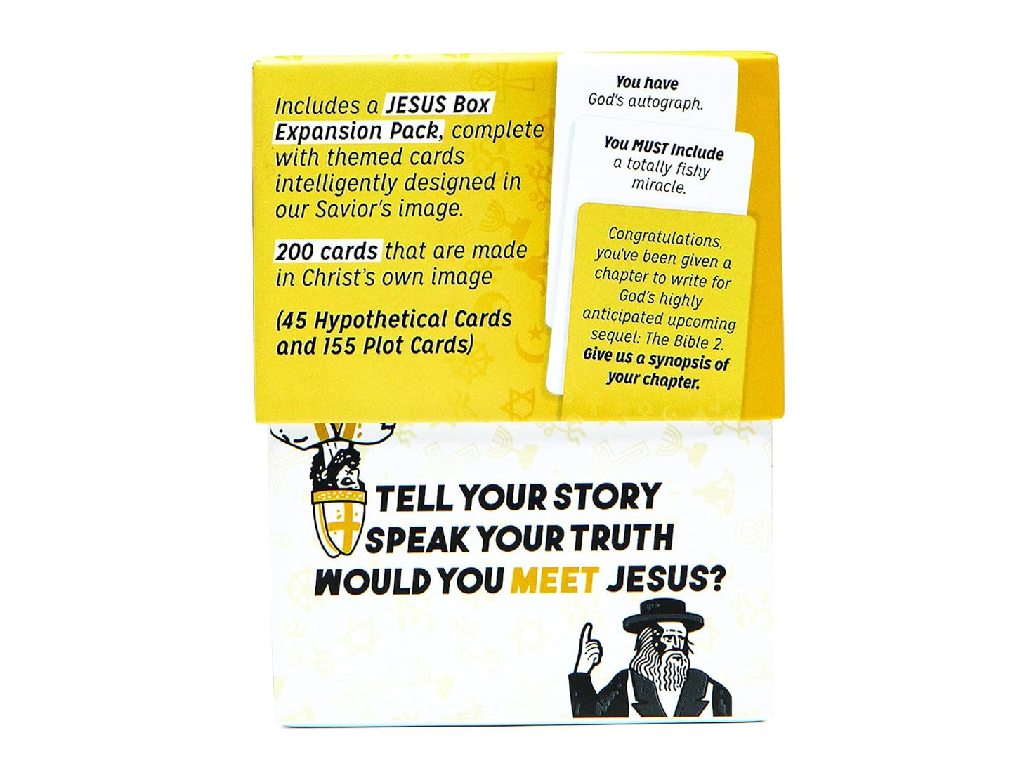 A yellow and white card game box for a "Jesus Box Expansion Pack," showing game cards with prompts and illustrations