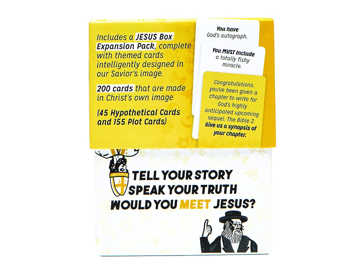 A yellow and white card game box for a "Jesus Box Expansion Pack," showing game cards with prompts and illustrations